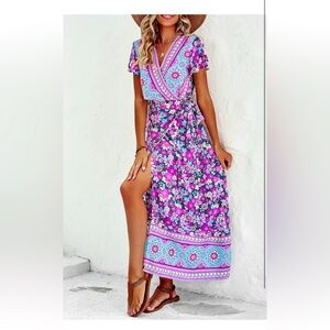 Boho front high split v-neck maxi dress floral purple Large  12/14